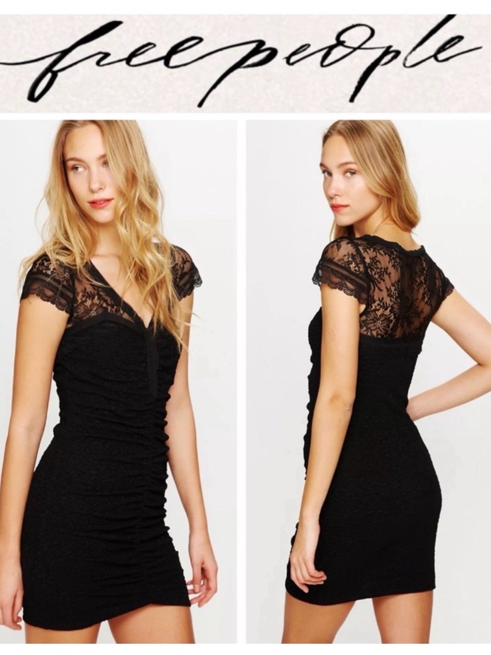 Free People Black Envy Bodycon Lace Ruched Cap-Sleeve Mini Dress